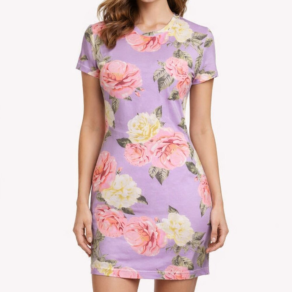 AFRM Los Angeles Lavender Floral Mesh Mini Dress Pink Rose Short Sleeve Size S